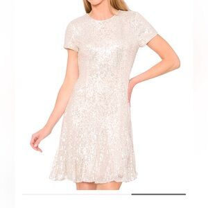 CeCe Sparkling Sequin Mini Dress in Cream